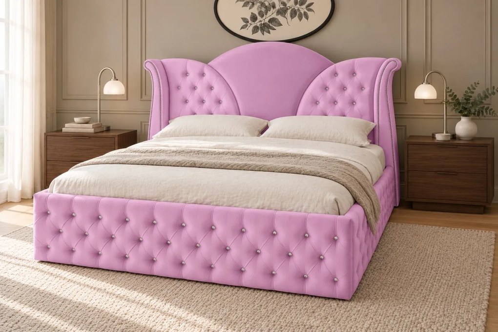 Pat tapițat Chesterfield din catifea Velora Deluxe 180×200 cm, lila, cu ladă de depozitare
