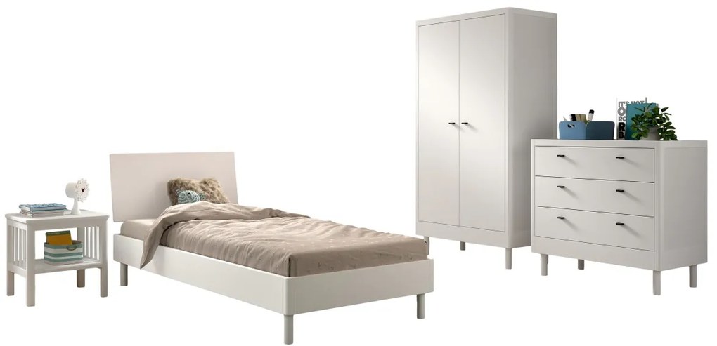 Set Complet Mobilier Camera Copii Forrest Beech, Pat 90x200 cm, Dulap cu 2 Uși, Noptieră și Comodă, din Lemn de Fag Lăcuit Alb – Vipack