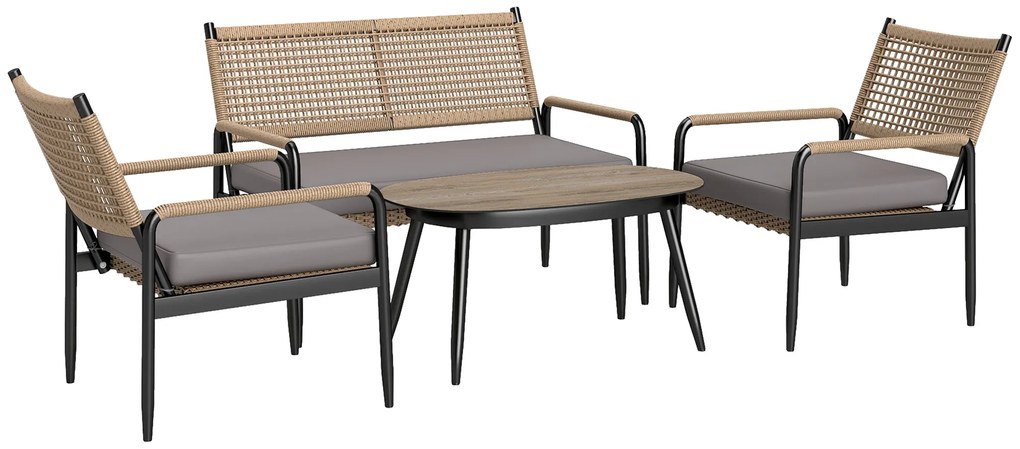 Outsunny Set de mobilier de grădină din rătan Set de lounge cu canapea dublă, fotoliu, masă cu geam, perne pentru 4 persoane, Gri închis+Galben | Aosom Romania