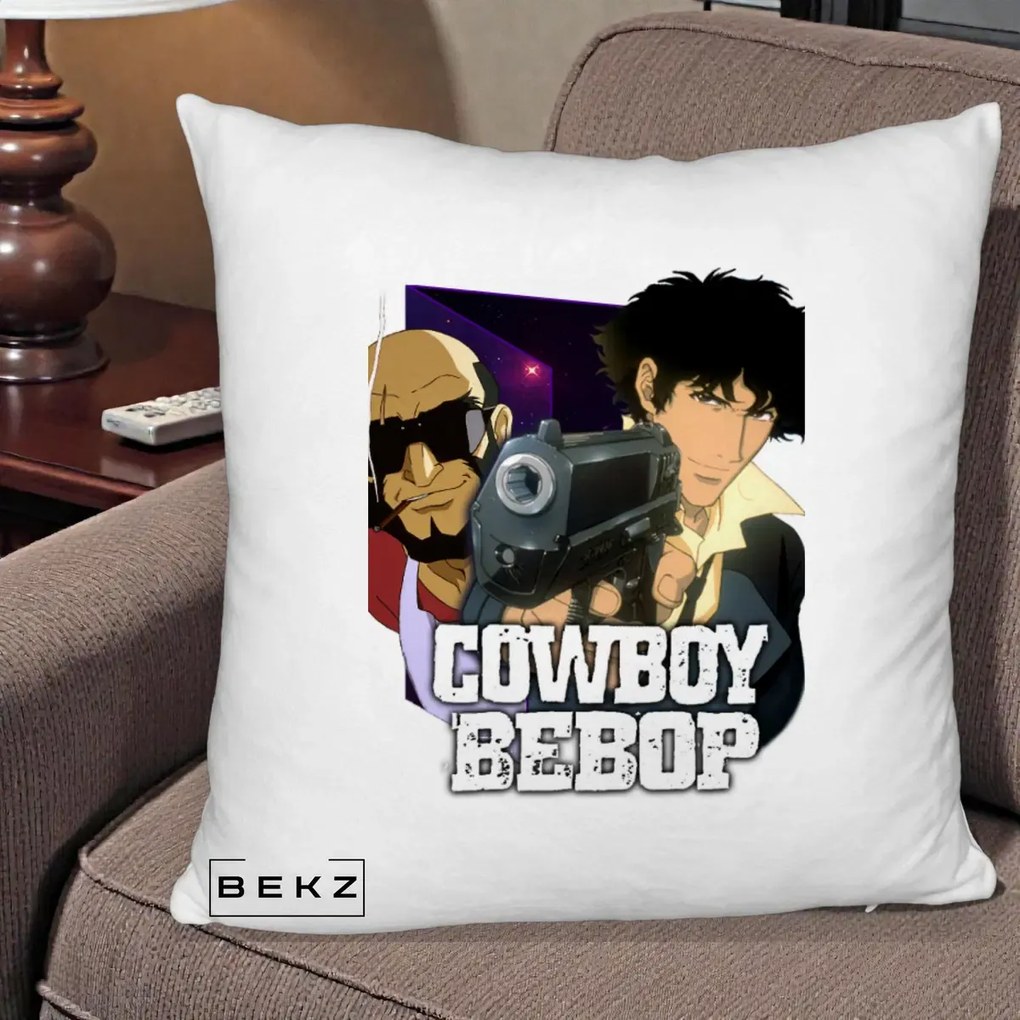 Perna Personalizata Cowboy Bebop Spike si Jet Poster, 40x40 cm, Alb Pufos, Husa Detasabila, Perna Inclusa, BEKZ®