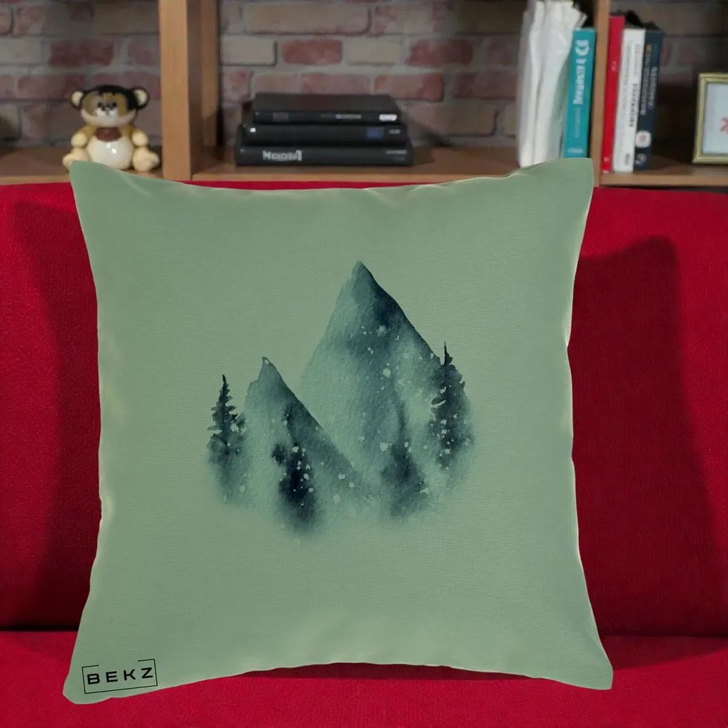 Perna Decorativa Munti Inzapeziti Acuarela Indigo, 40x40 cm, Verde, Husa Detasabila, Perna Inclusa, BEKZ®