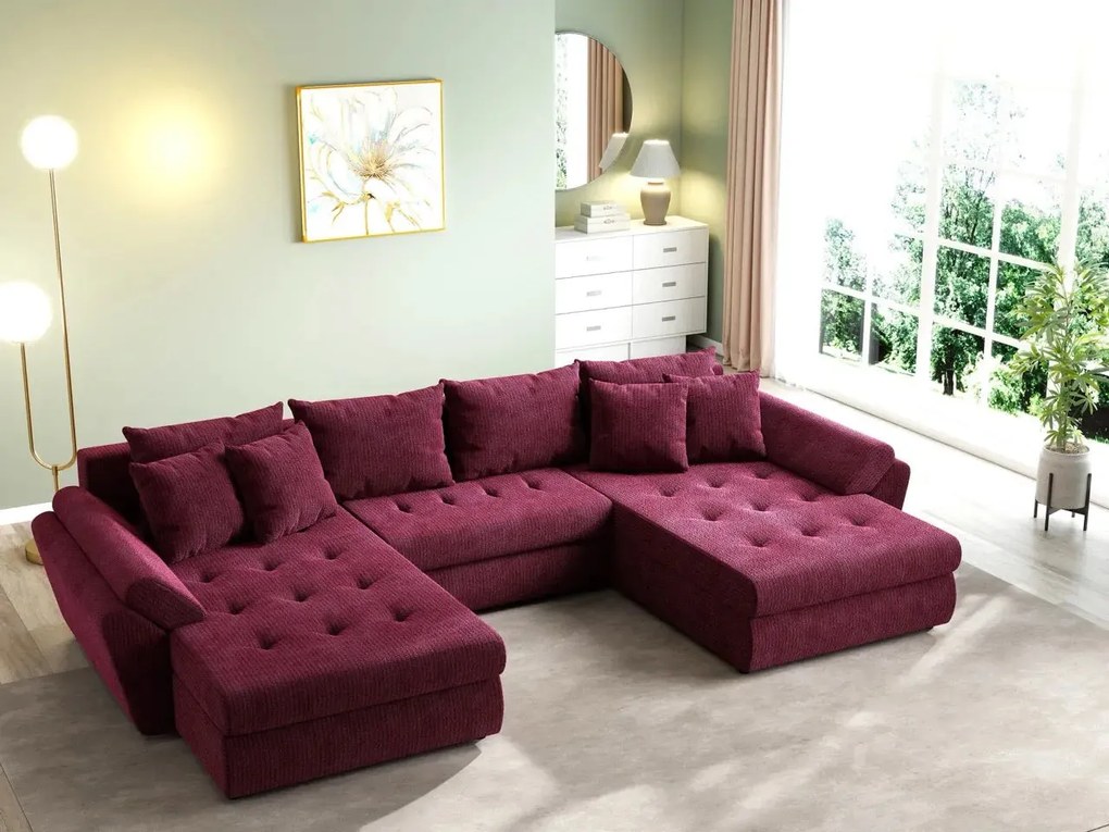 Colțar extensibil dumonde cu ladă de depozitare si sezut confortabil din spuma high-density, Loana U Zoom Red 355x185 cm