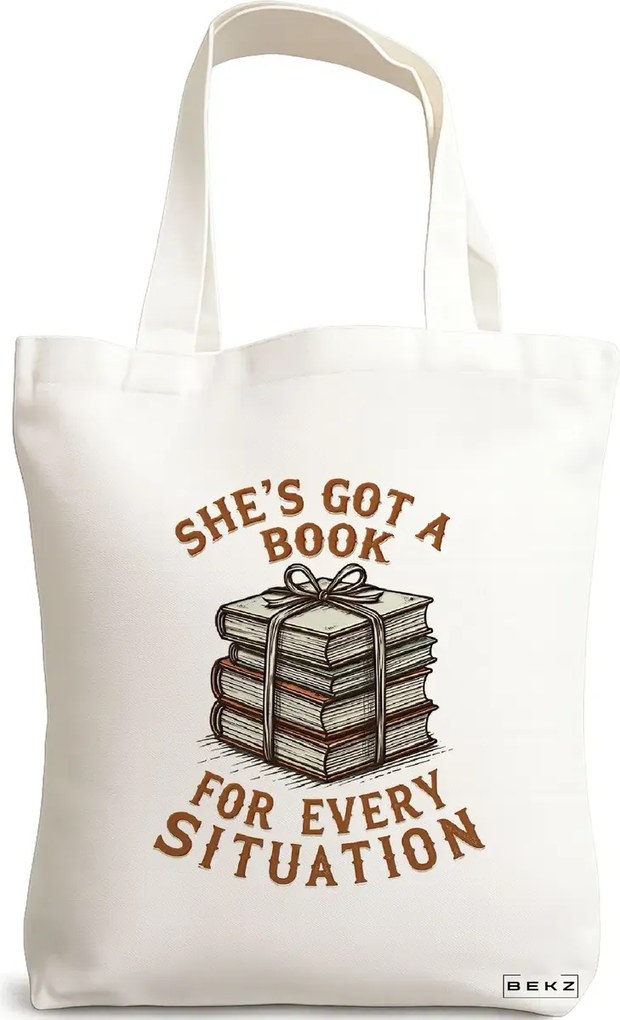 Sacosa de Panza pentru Cumparaturi, Geanta Tote, model She's got a book for every situation 38 x 34.5 cm, Alba, BEKZ®