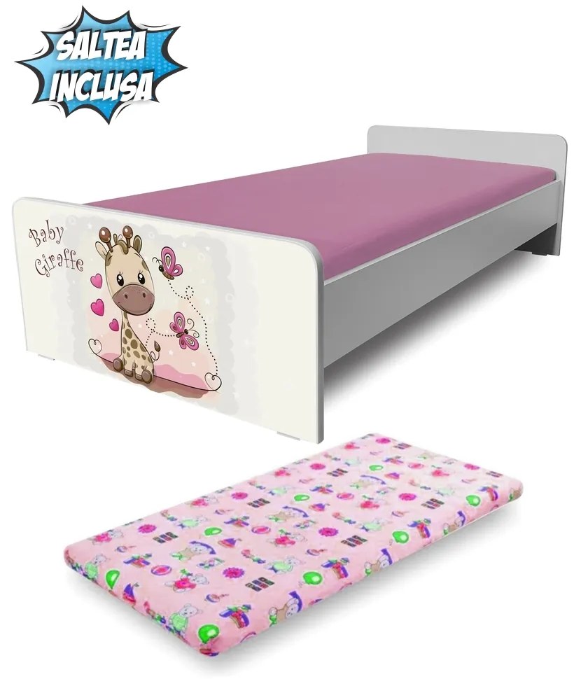 Pat fetite Economic Girafa de 2 ani la 12 ani, cu saltea 160x80 Culcus 2 straturi de lana - PC-P-MK-ECO-GIR-80