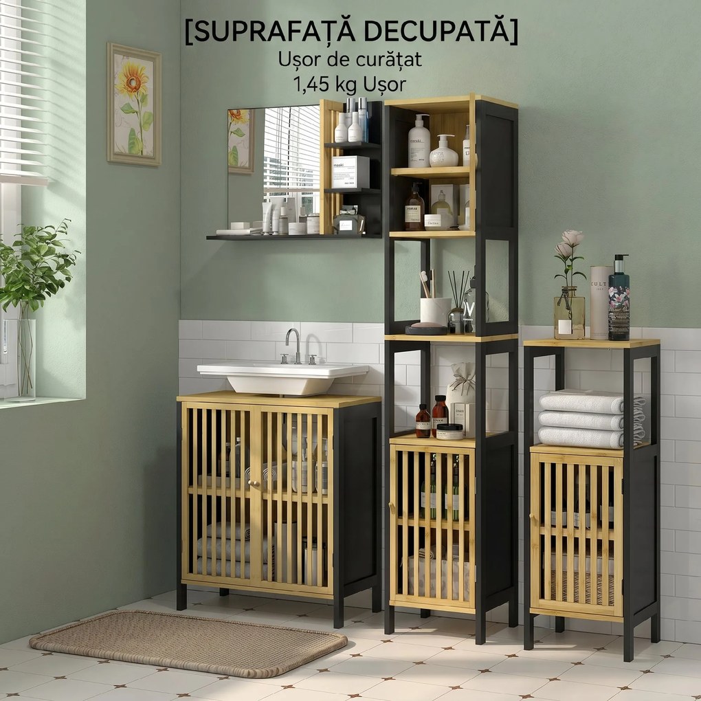 HOMCOM Oglindă de Baie cu Poliță, Oglindă Montată pe Perete, Oglindă cu 4 Rafturi de Depozitare pentru Machiaj, 45x15x58.5 cm, Negru | Aosom Romania