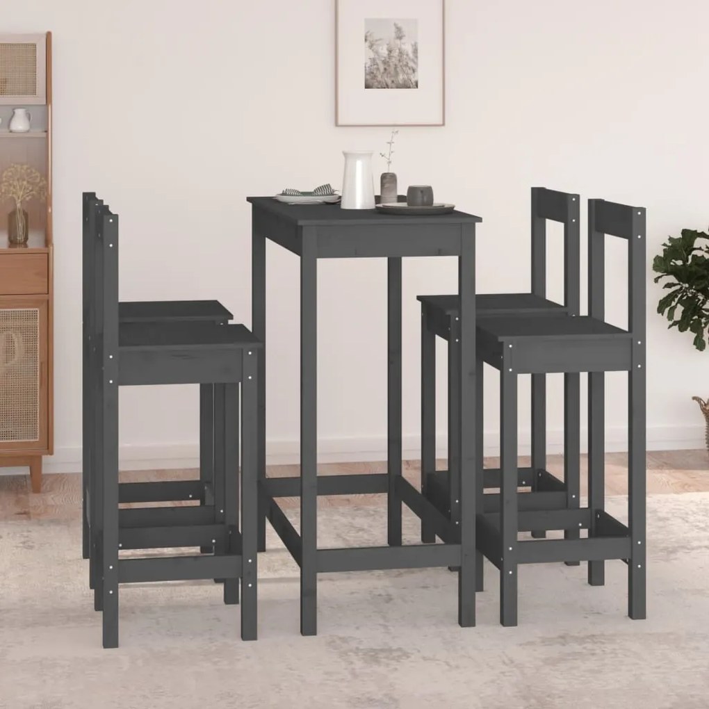 3124704 vidaXL Set mobilier de bar, 5 piese, gri, lemn masiv de pin