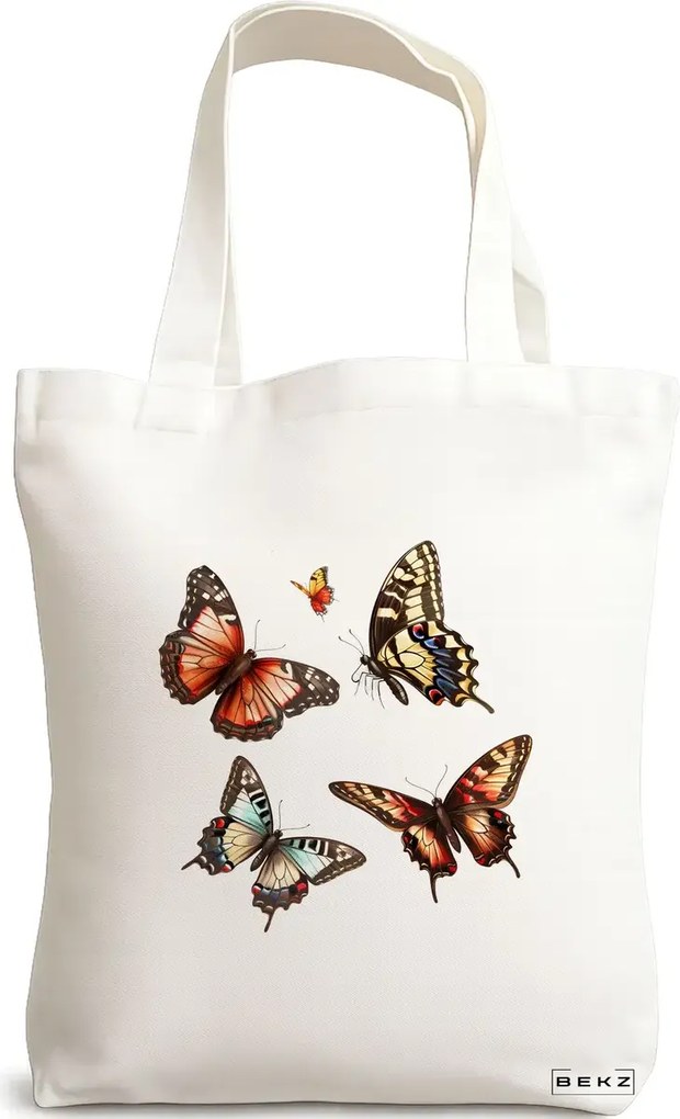 Sacosa de Panza pentru Cumparaturi, Geanta Tote, model Artistic butterflies 2 38 x 34.5 cm, Alba, BEKZ®