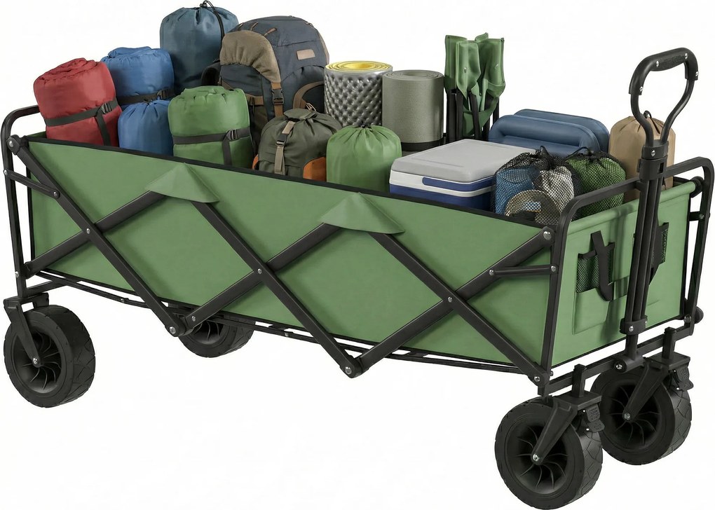 Outsunny Cărucior de grădină pliabil 130L cu roți, remorcă robustă cu frâne, mâner reglabil, verde | Aosom Romania
