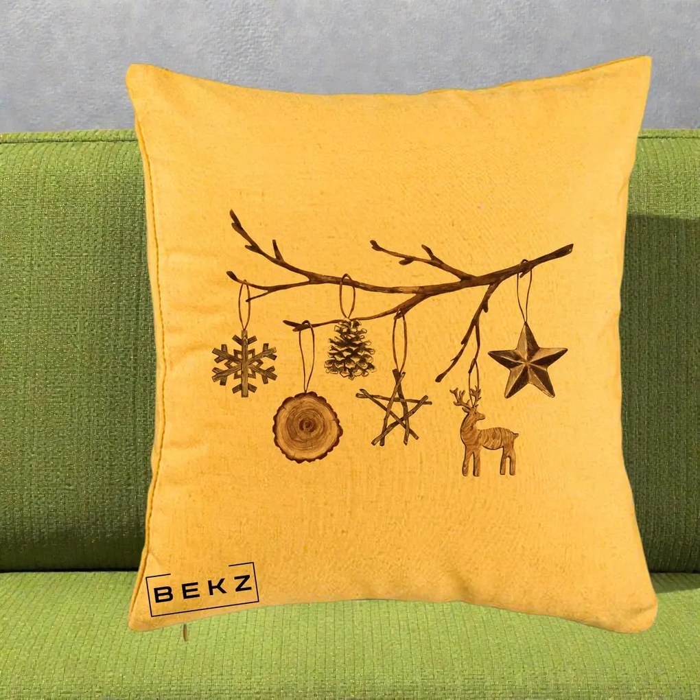 Perna Decorativa Ornamente de Lemn pe Ramura, 40x40 cm, Galben, Husa Detasabila, Perna Inclusa, BEKZ®