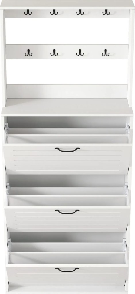 Dulap pentru pantofi cu 3 uși, raft pentru pantofi cu cârlige, 70x25x165 cm, Alb