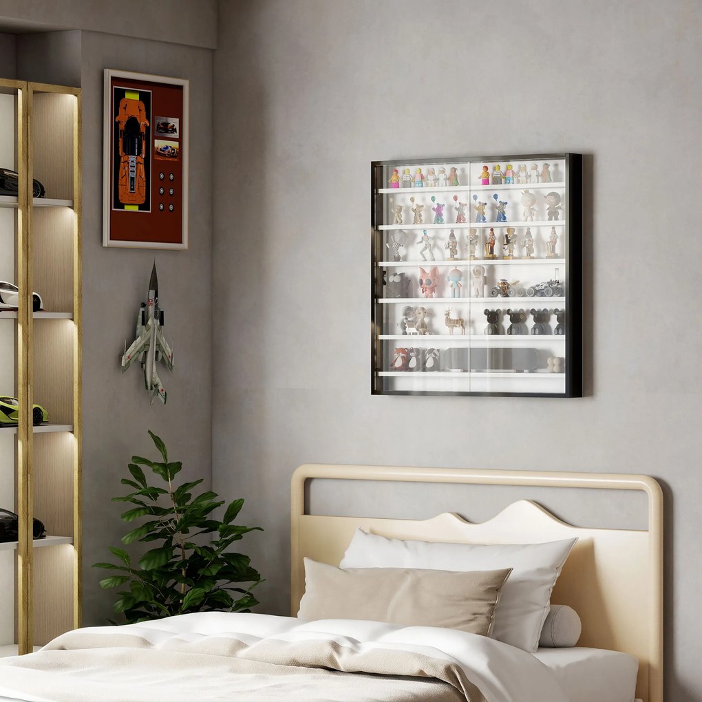 HOMCOM Dulap Tip Vitrină de Expoziție cu Rafturi Reglabile, Montată pe Perete, Negru | Aosom Romania