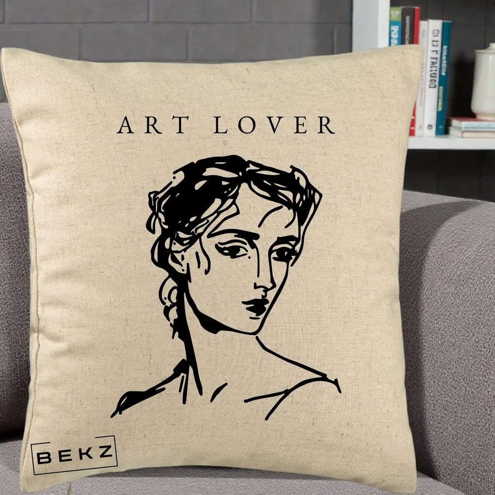 Perna Decorativa Art Lover Portret Grafic, 40x40 cm, Bej, Husa Detasabila, Perna Inclusa, BEKZ®