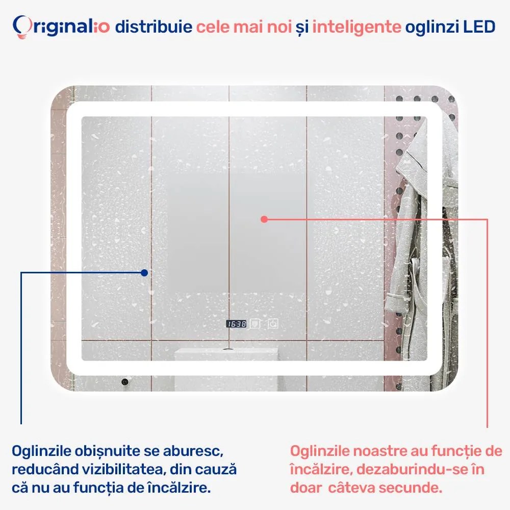 Oglindă LED Dreptunghiulară (80x60 cm), 3 Moduri Iluminare (Lumină Rece, Naturală, Caldă), Intensitate Reglabilă, Funcție Dezaburire, Ceas (Timer) și Termometru, Control Tactil (Touch)