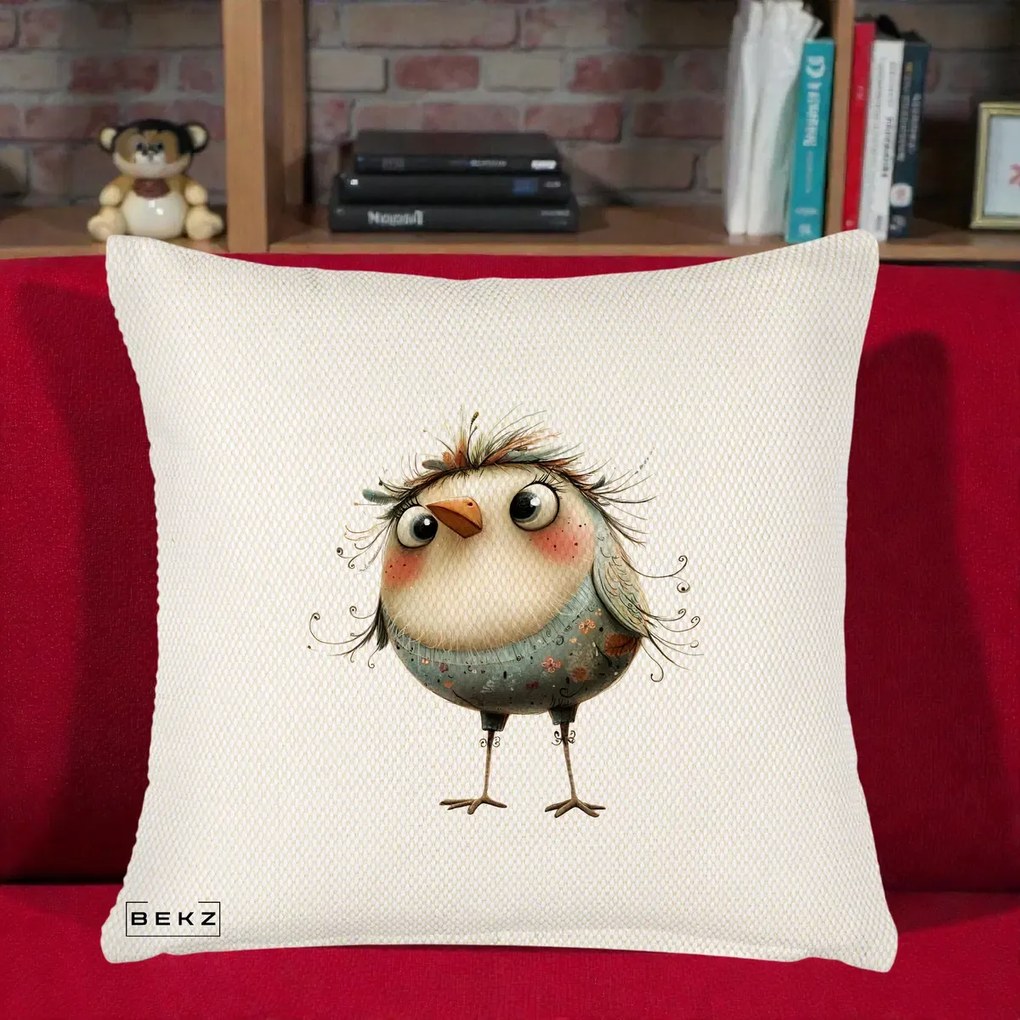 Perna Decorativa Pasare cu Penaj Zbarlit si Gene, 40x40 cm, Crem Reliefat, Husa Detasabila, Perna Inclusa, BEKZ®