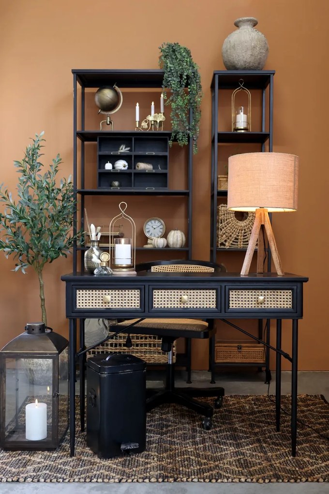 Scaun de birou, din lemn de mesteacan si rattan, negru, cu aspect vintage, Old French
