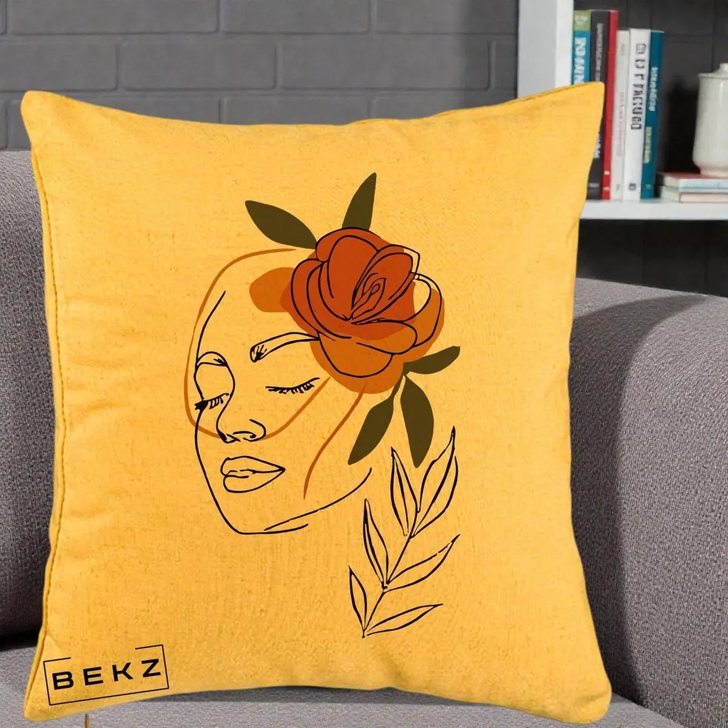 Perna Decorativa Portret Feminin Trandafir Ruginiu, 40x40 cm, Galben, Husa Detasabila, Perna Inclusa, BEKZ®