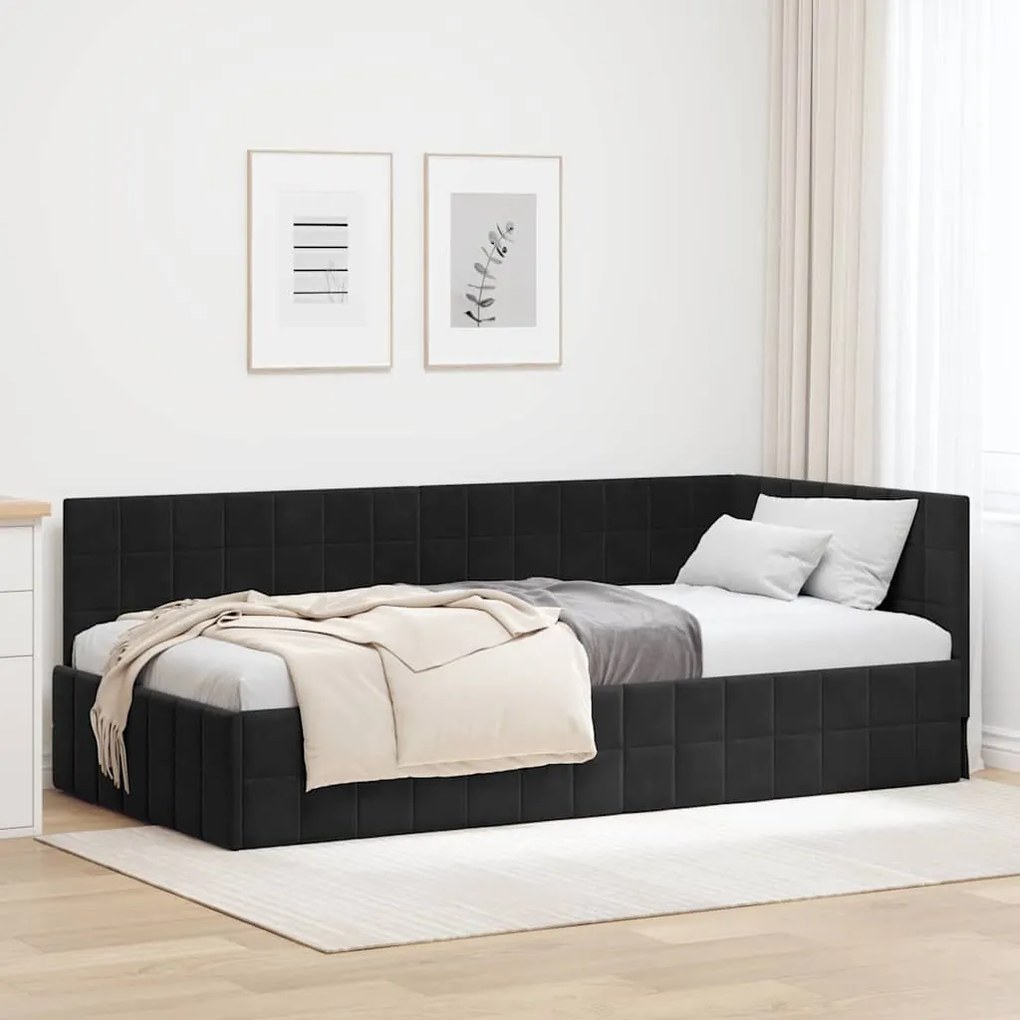 vidaXL Cadru de pat colțar cu headboard Negru 90 cm x 200 cm Catifea
