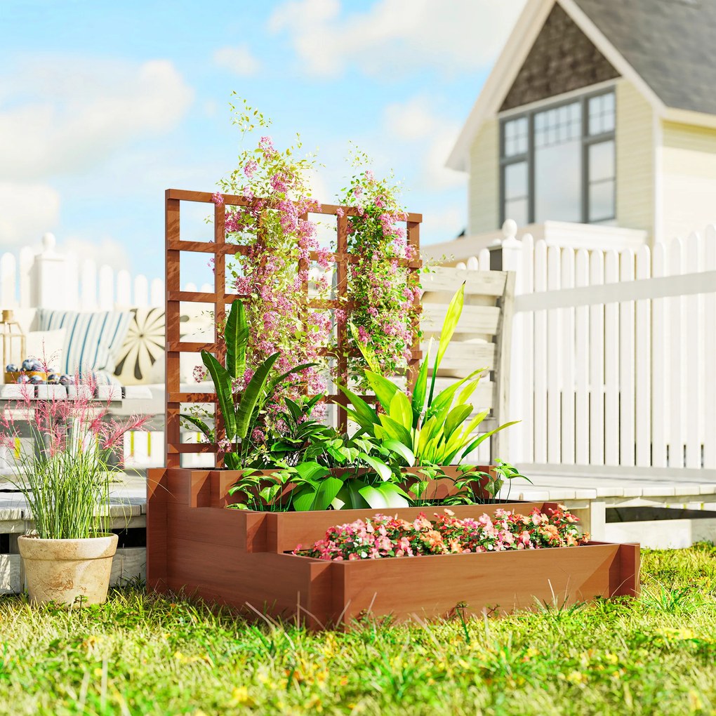 Outsunny Jardinieră cu 3 Niveluri și Grilaj pentru Plante Cățărătoare, Straturi Ridicate din Lemn, 95x95x110cm, Natural | Aosom Romania