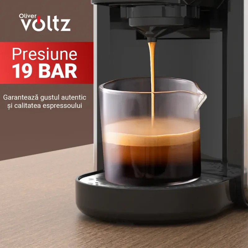 Espressor 8in1 Oliver Voltz OV51171K8R, 1450W, 0.8 L, 5 adaptoare, 19 bar, Cafea macinata si capsule, Negru/Argentiu