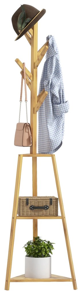 HOMCOM Suport pentru haine din bambus, stand pentru haine cu 8 cârlige și 3 rafturi 46 x 46 x 175 cm natural | Aosom Romania