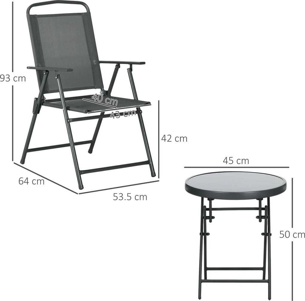 Outsunny Set de Exterior din 3 Piese cu Masă cu Blat din Sticlă și 2 Scaune Pliabile din Plasă, Ф45x50 cm, Gri Deschis | Aosom Romania