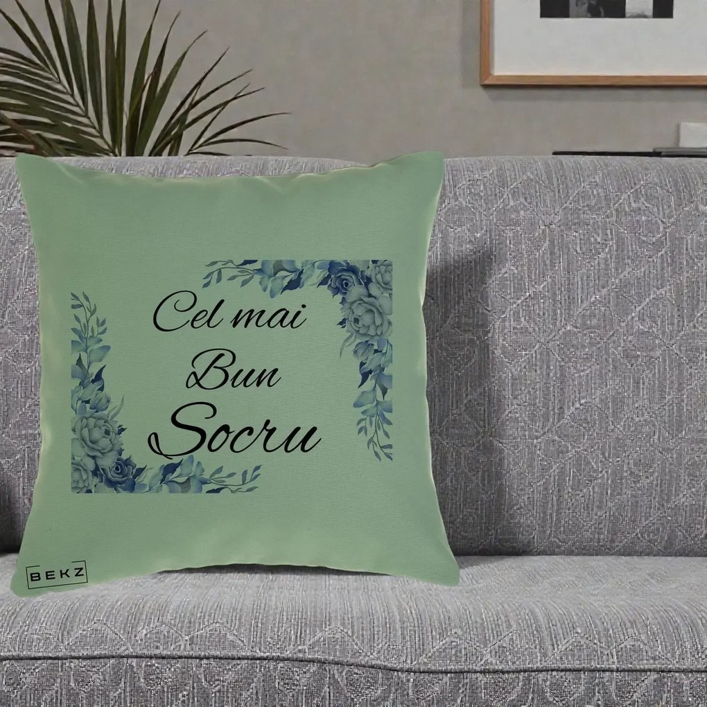 Cadou pentru Socru - Perna Personalizata Cel mai Bun Socru cu Flori Albastre Acuarela, 40x40 cm, Verde, Husa Detasabila, Perna Inclusa, BEKZ®