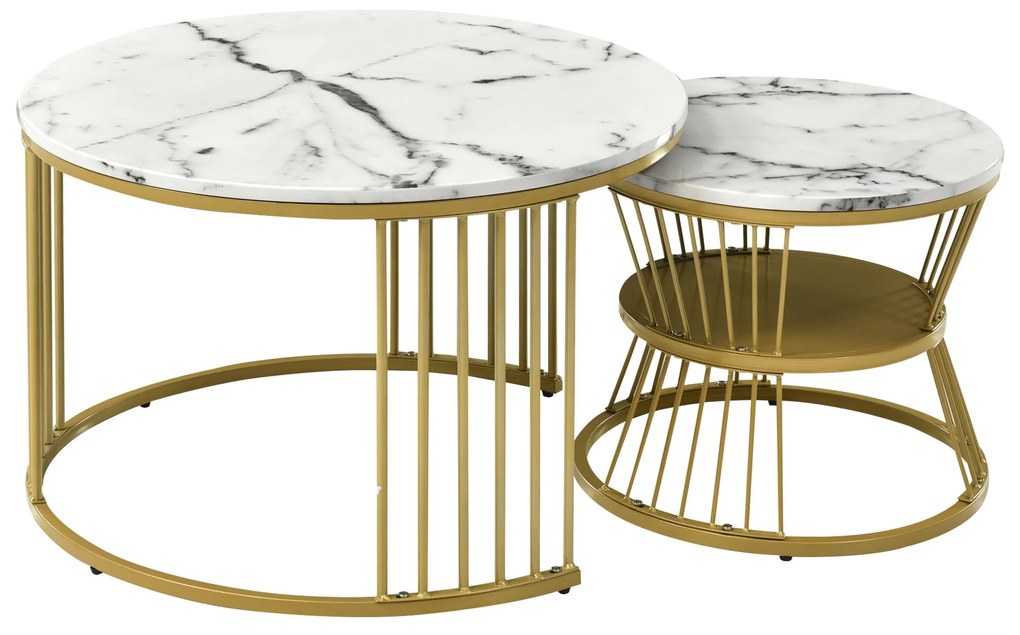 Set de 2 Măsuțe de Cafea Moderne, din MDF cu Finisaj Efect de Marmură și Structură Metalică Aurie, 70x70x47 cm și 45x45x40 cm, Alb