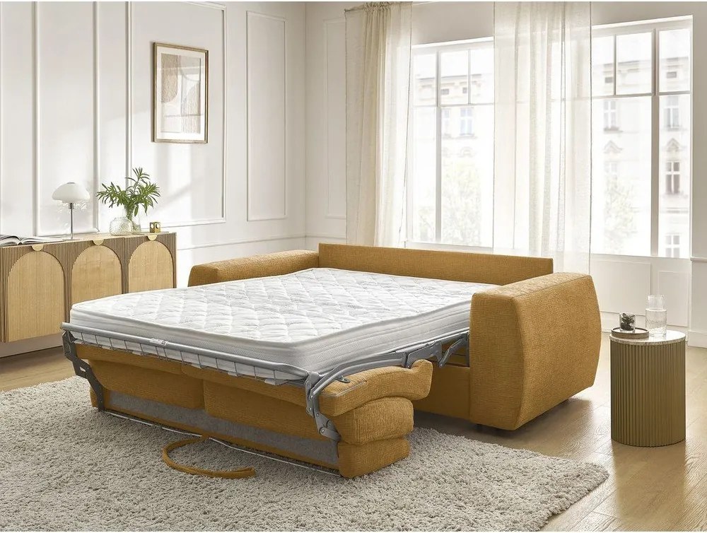Canapea galben-muștar pentru dormitul zilnic/extensibilă cu tapițerie din chenille 240 cm Hugo – Bobochic Paris