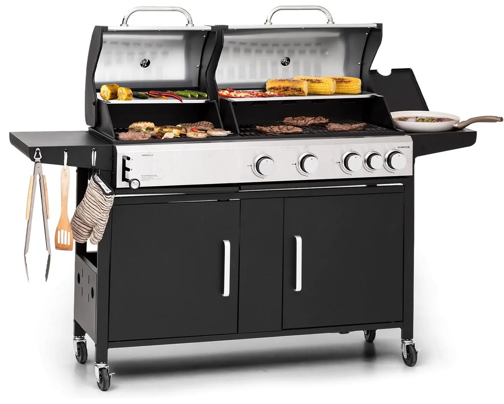 Kingsville 4.1, grătar combinat pe gaz și cărbuni, 13,7 kW, 4+1 arzătoare, înălțime reglabilă