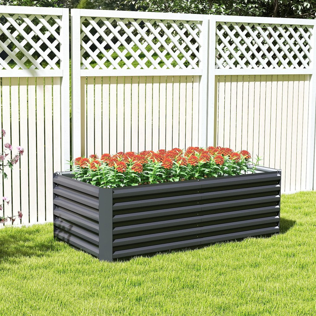 Outsunny Pat de Grădină Ridicat pentru Exterior cu Fund Deschis și Bare de Susținere, Jardinieră din Oțel Galvanizat, pentru Flori, Legume, Balcon sau Grădină, 180x90x57,5 cm, Gri Închis | Aosom Romania