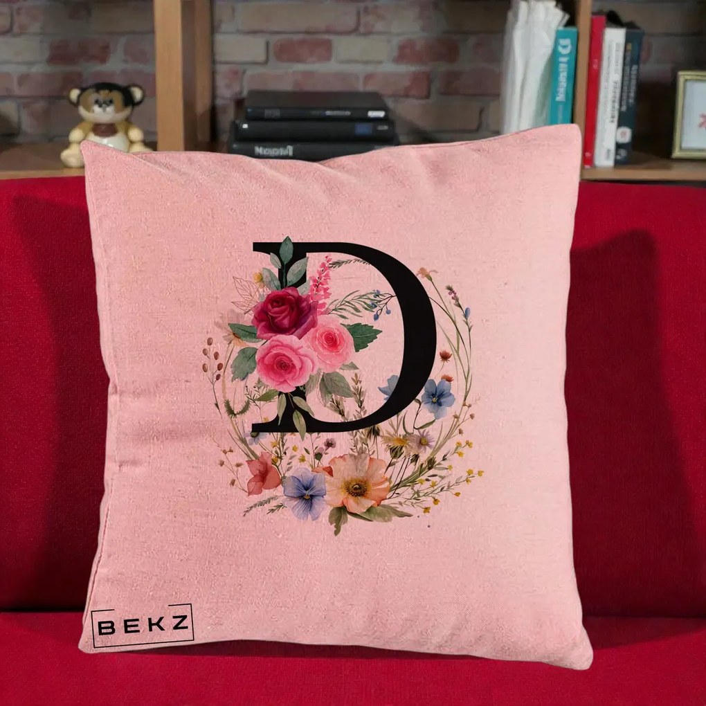 Cadou Personalizat - Perna Personalizata Monogram Litera D cu Flori Acuarela, 40x40 cm, Roz, Husa Detasabila, Perna Inclusa, BEKZ®