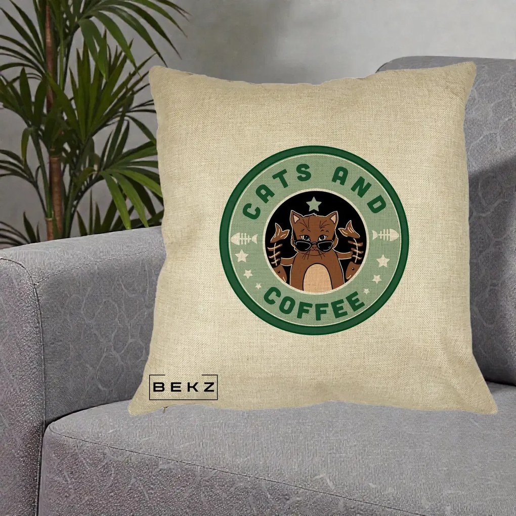 Perna Personalizata Cats and Coffee Starbucks, 40x40 cm, Crem, Husa Detasabila, Perna Inclusa, BEKZ®