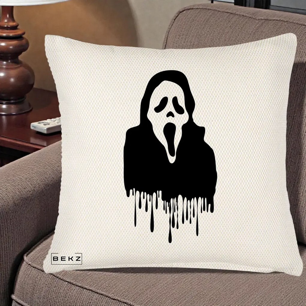 Perna Personalizata Halloween Ghostface Scream Picurand, 40x40 cm, Crem Reliefat, Husa Detasabila, Perna Inclusa, BEKZ®