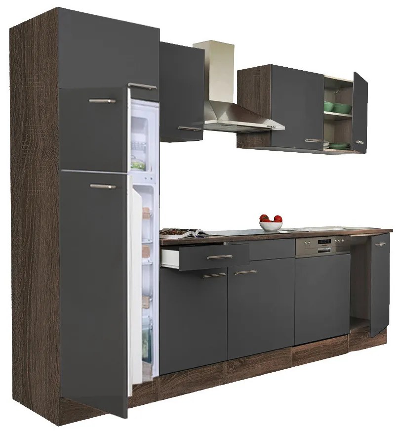 Mobilă de bucătărie Yorki 280, corp din stejar Yorki, față antracit satinat, frigider cu congelator superior