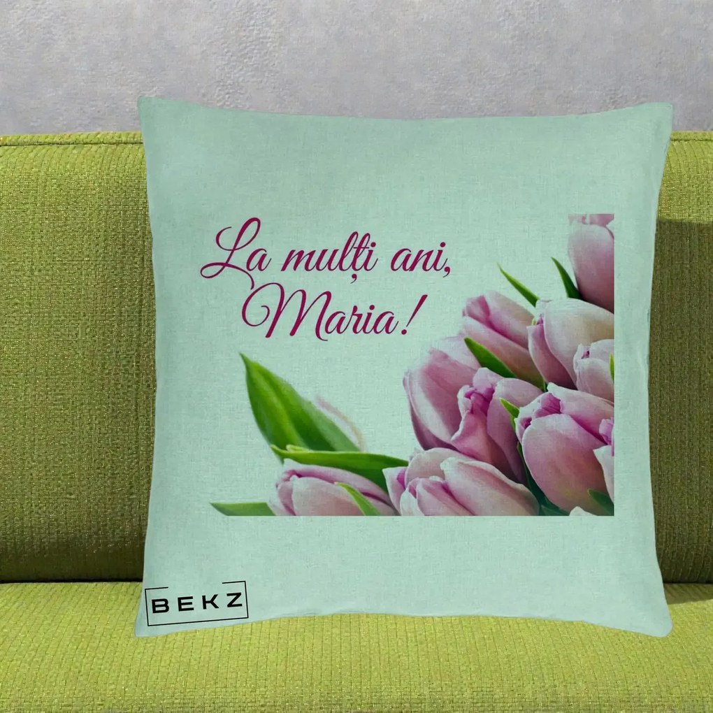 Cadou de Onomastica - Perna Personalizata La Multi Ani Maria Lalele, 40x40 cm, Verde Menta, Husa Detasabila, Perna Inclusa, BEKZ®