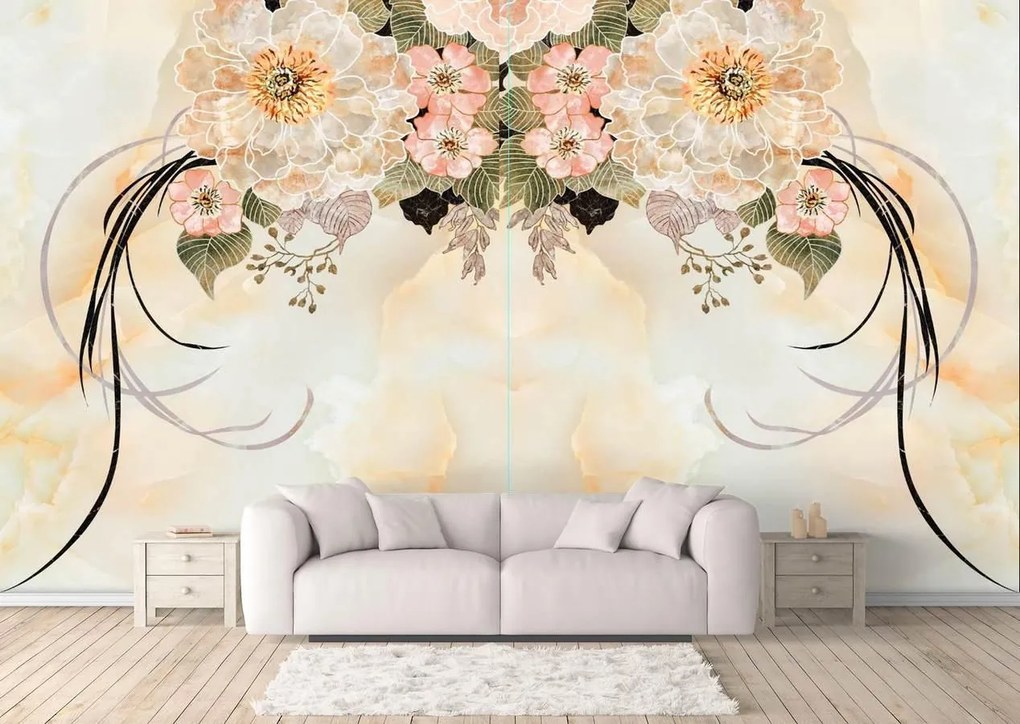 Fototapet 3D, Flori frumoase de culoarea persicii cu ornamente Art.05184
