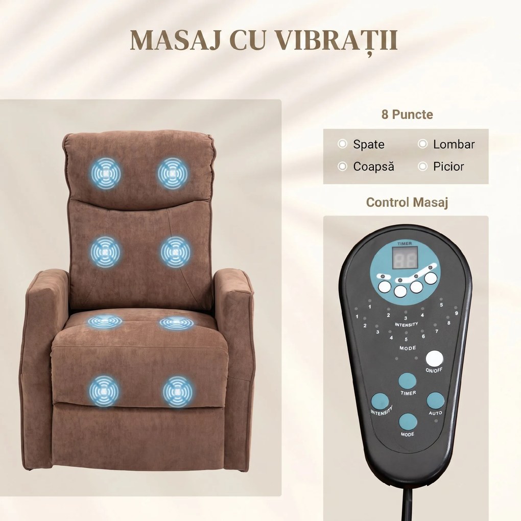 HOMCOM Fotoliu de Relaxare Electric cu 2 Telecomenzi, Suport pentru Picioare și 8 Puncte de Masaj, 74,5x87,5x110 cm, Maro | Aosom Romania