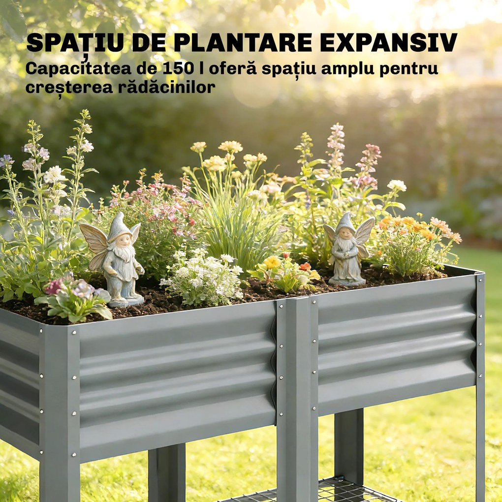 Outsunny Jardinieră Ridicată cu Raft de Depozitare, 150L, Oțel Galvanizat, Înălțime 80 cm, pentru Grădină sau Terasă | Aosom Romania