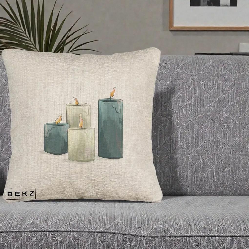 Perna Decorativa Lumanari Hygge Alb-Verde, 40x40 cm, Bej Canapea, Husa Detasabila, Perna Inclusa, BEKZ®