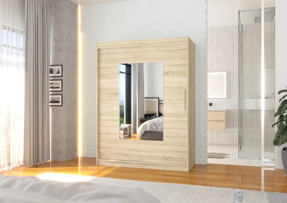 Dulap cu usi glisante si oglinda 150x200 cm, Dorrigo, ADRK Furniture (Culoare: Ciocolata)