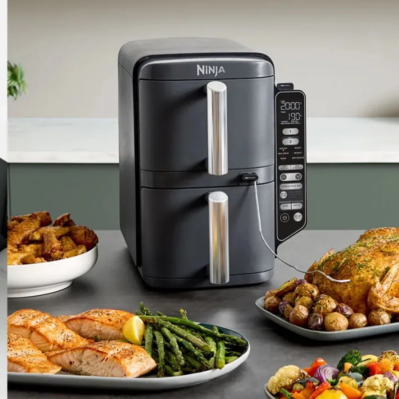 Friteuza dubla cu aer cald Ninja SL451EU, 2470W, 9.5L, Termometru digital, 2 cosuri, 6 programe, Max Crisp, Sync & Match, Gri