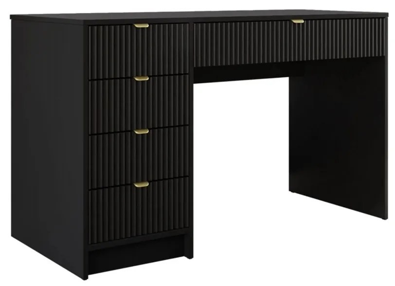 BIA4 - Birou 120 cm, masa de calculator cu 5 sertare, office - Alb / Negru / Crem cu Riflaje