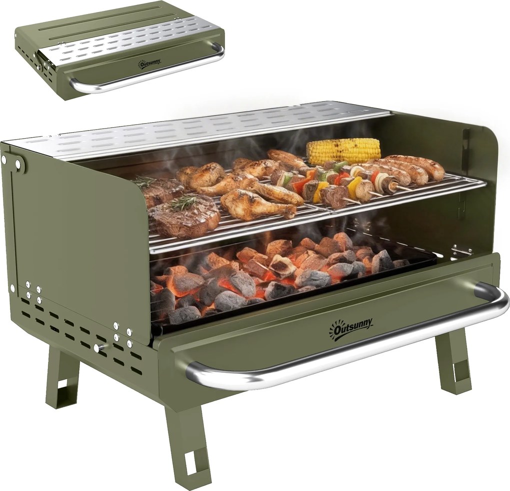 Outsunny Grătar pe Cărbune Pliabil 52x37x31,8 cm cu Grilă Reglabilă Raft Lateral Pliabil și Tavă Detașabilă Verde | Aosom Romania