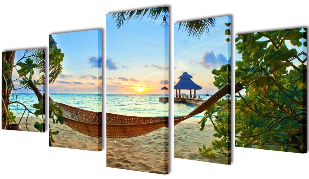 Set tablouri pânză cu imprimeu plajă cu nisip și hamac, 100 x 50 cm