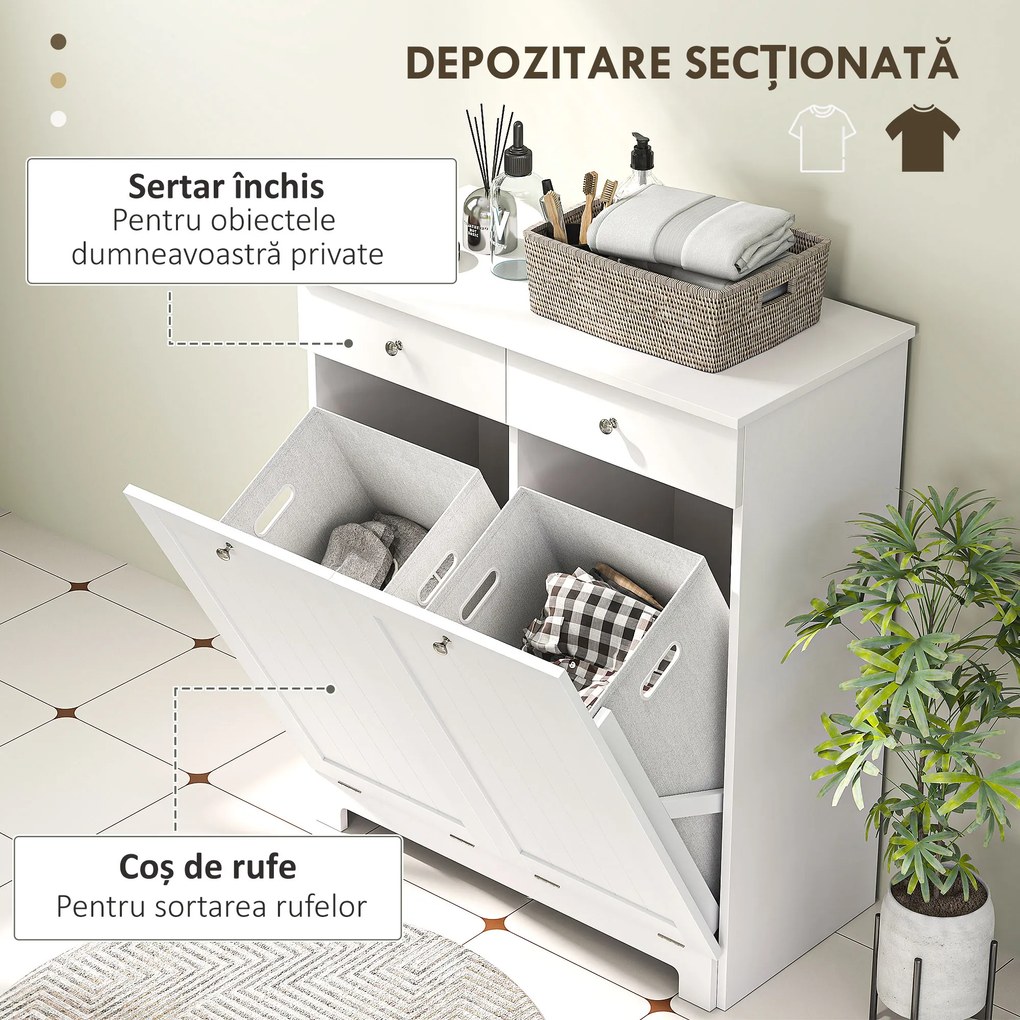 HOMCOM Dulap de Baie pentru Rufe cu 2 Uși Rabatabile și Coșuri pentru Rufe, 78x38x90 cm, Alb | Aosom Romania