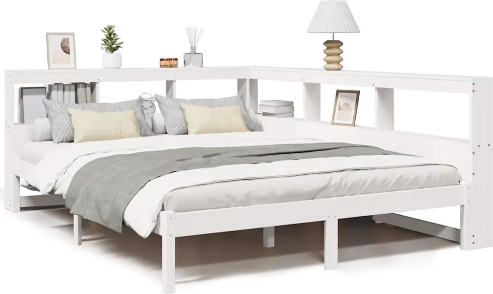 vidaXL Pat cu bibliotecă fără saltea, alb, 135x190 cm, lemn masiv pin