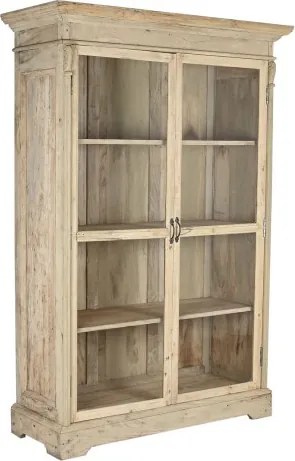 Vitrină rustică din lemn reciclat, natur, cu 2 uși vitrate, 3 rafturi și console sculptate, finisaj natural, 209 x 130 x 55 cm, „Pastel”