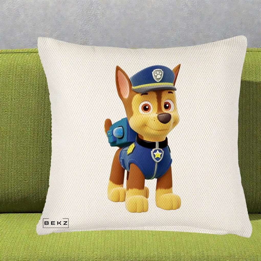 Perna Personalizata Chase PAW Patrol Albastru, 40x40 cm, Crem Reliefat, Husa Detasabila, Perna Inclusa, BEKZ®