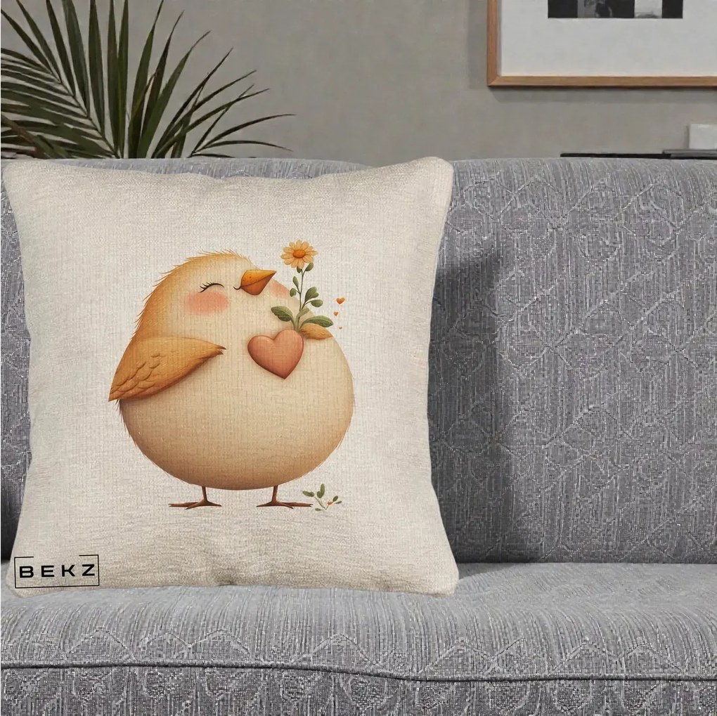 Perna Decorativa Pui cu Inima si Floarea-Soarelui, 40x40 cm, Bej Canapea, Husa Detasabila, Perna Inclusa, BEKZ®