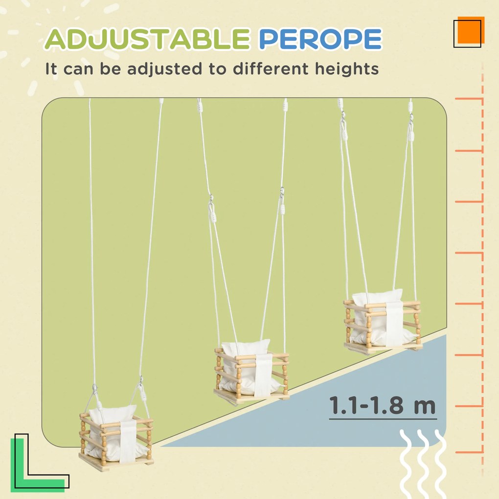 AIYAPLAY Leagăn pentru Copii din Lemn și Bumbac cu Frânghie Reglabilă, pentru Spații Interioare și Exterioare, 30x30x110-180 cm, Alb | Aosom Romania